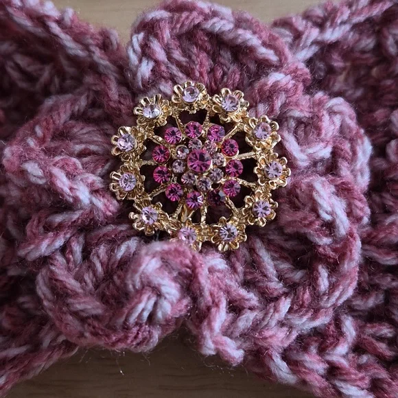 Handmade Crocheted Headband with Floral Brooch - Dusty Rose - Picture 3 of 4